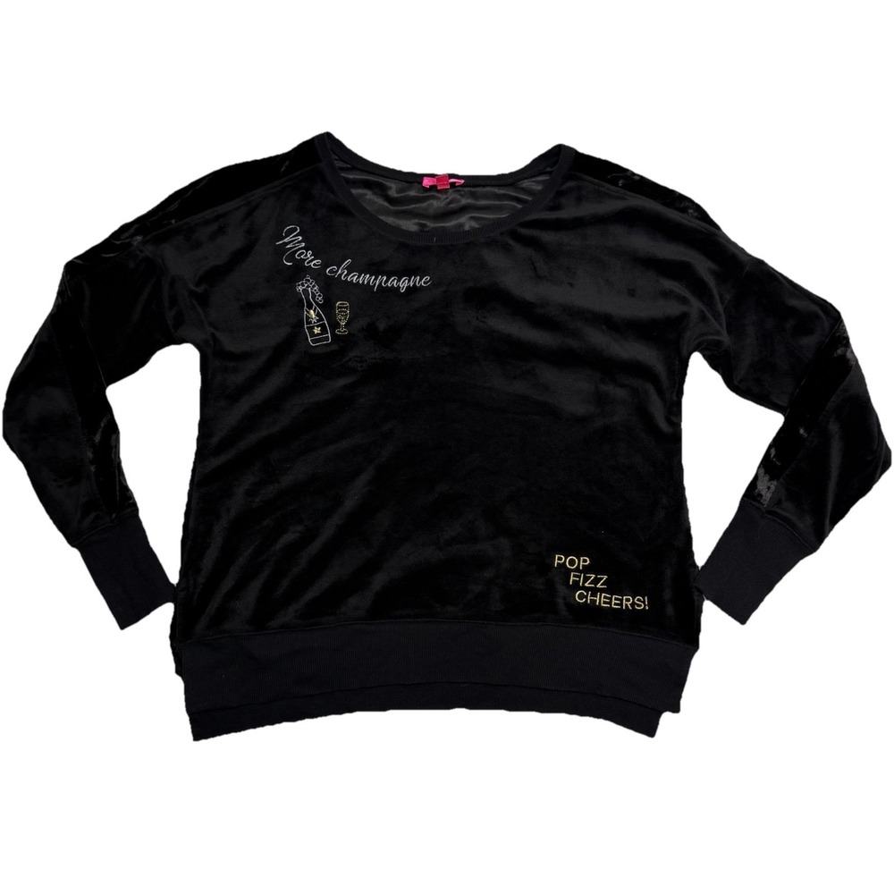 Betsey Johnson Sz Small Top Black Crushed Velvet NYE Lounge Shirt Champagne